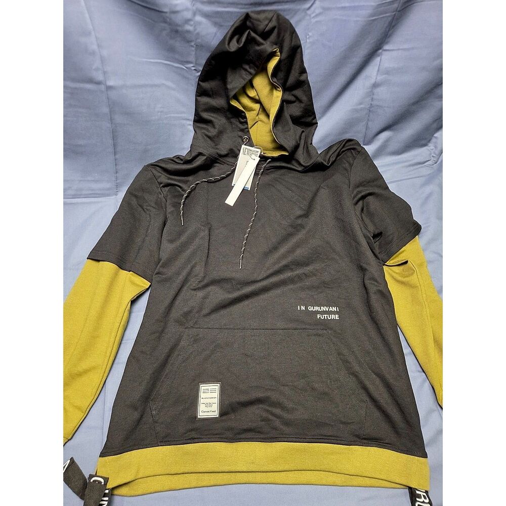Gurunvani Men's Layered-Sleeve Pullover Hoodie Black Olive Colorblock Size L New